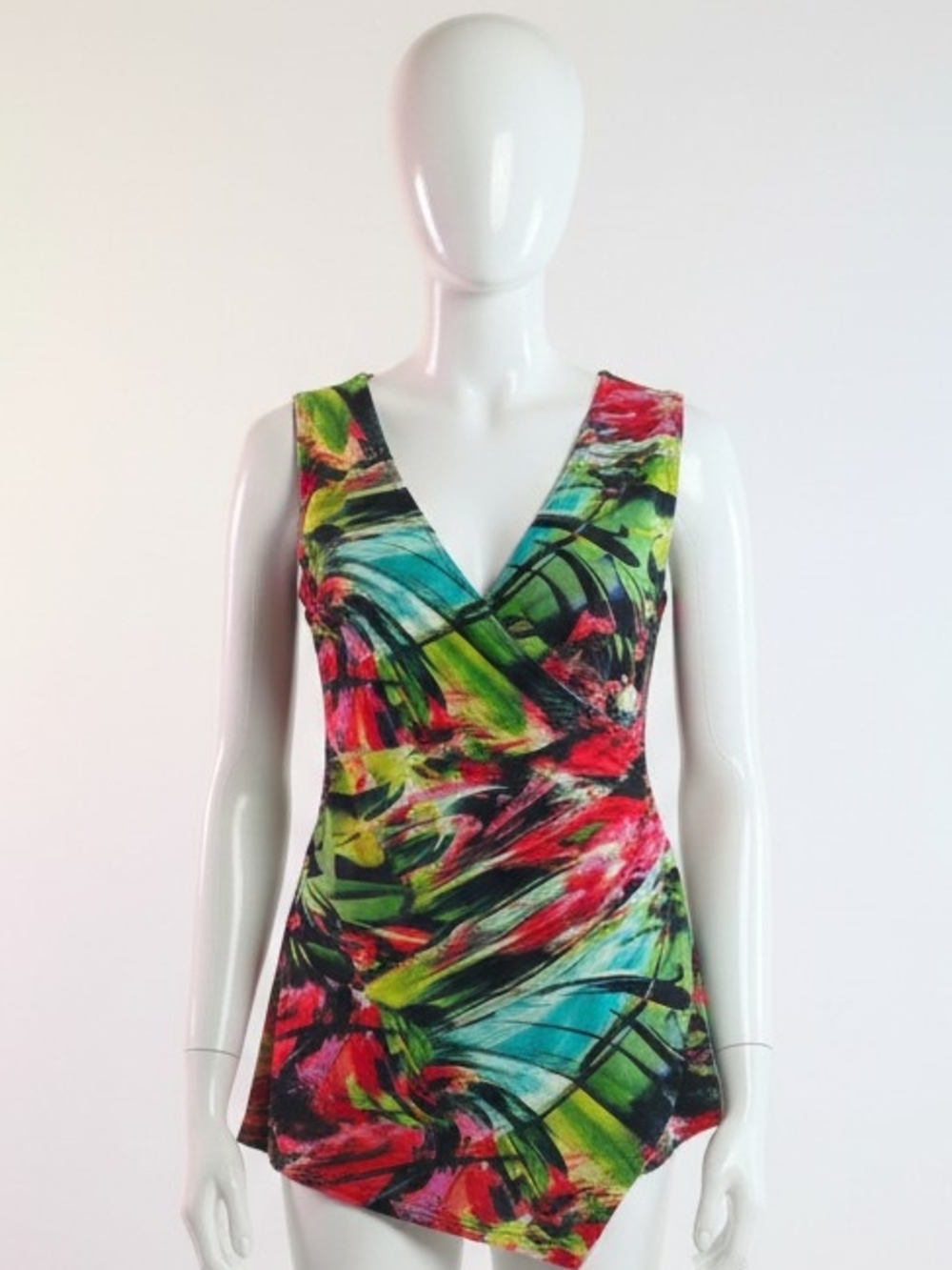 Laura Floral Wrap Crossover Sleeveless Top | V-Neck Stretch Mesh | Size Large